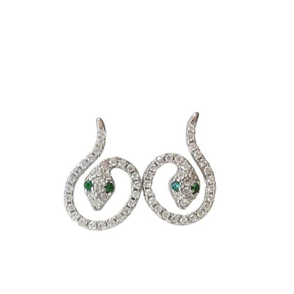 Snake stud  earrings in Sterling Silver CZ & Small Emerald Eyes 🆕